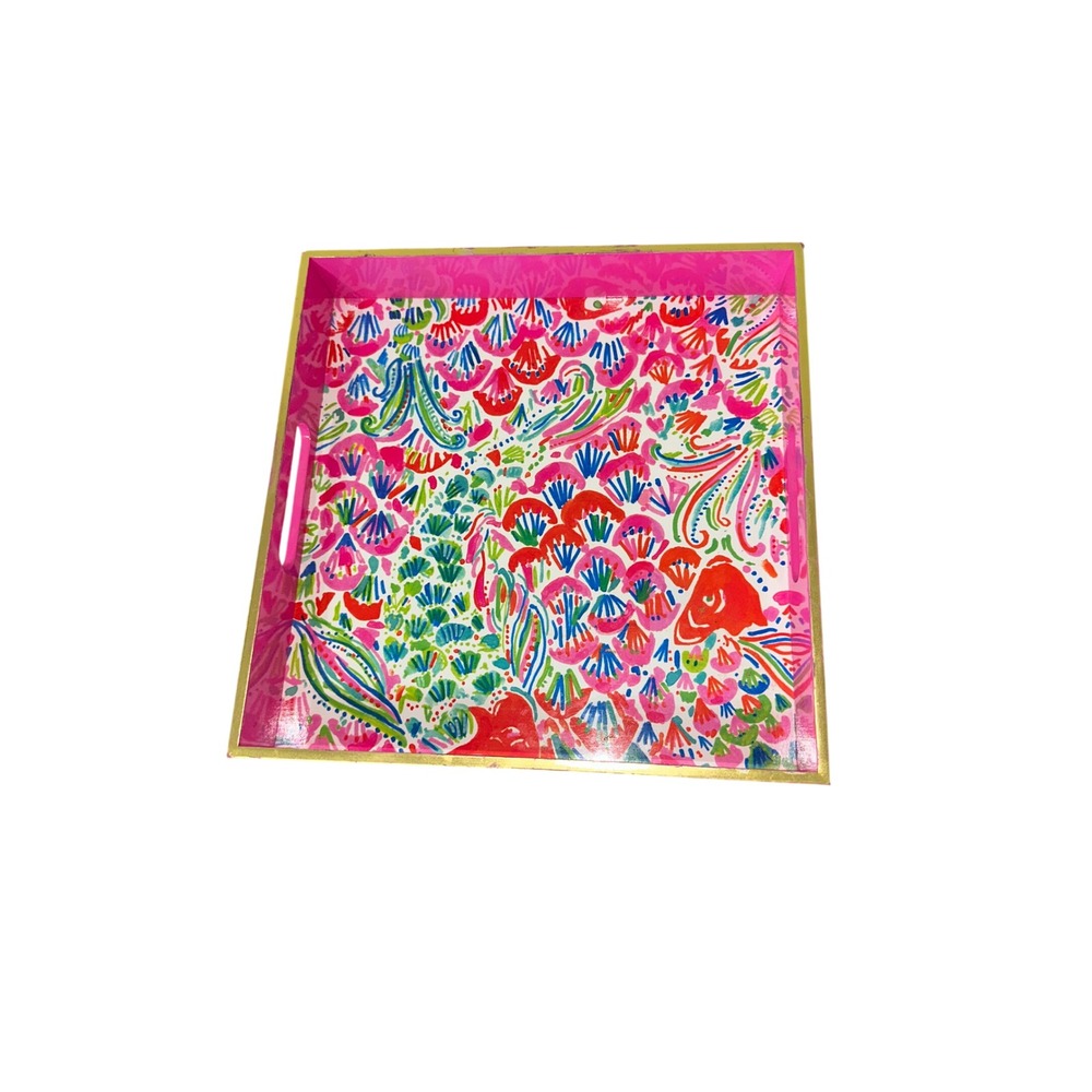 Lilly Pulitzer Pink Coral Fish Print Lacquer Decorative Tray Gold Trim 12x12
